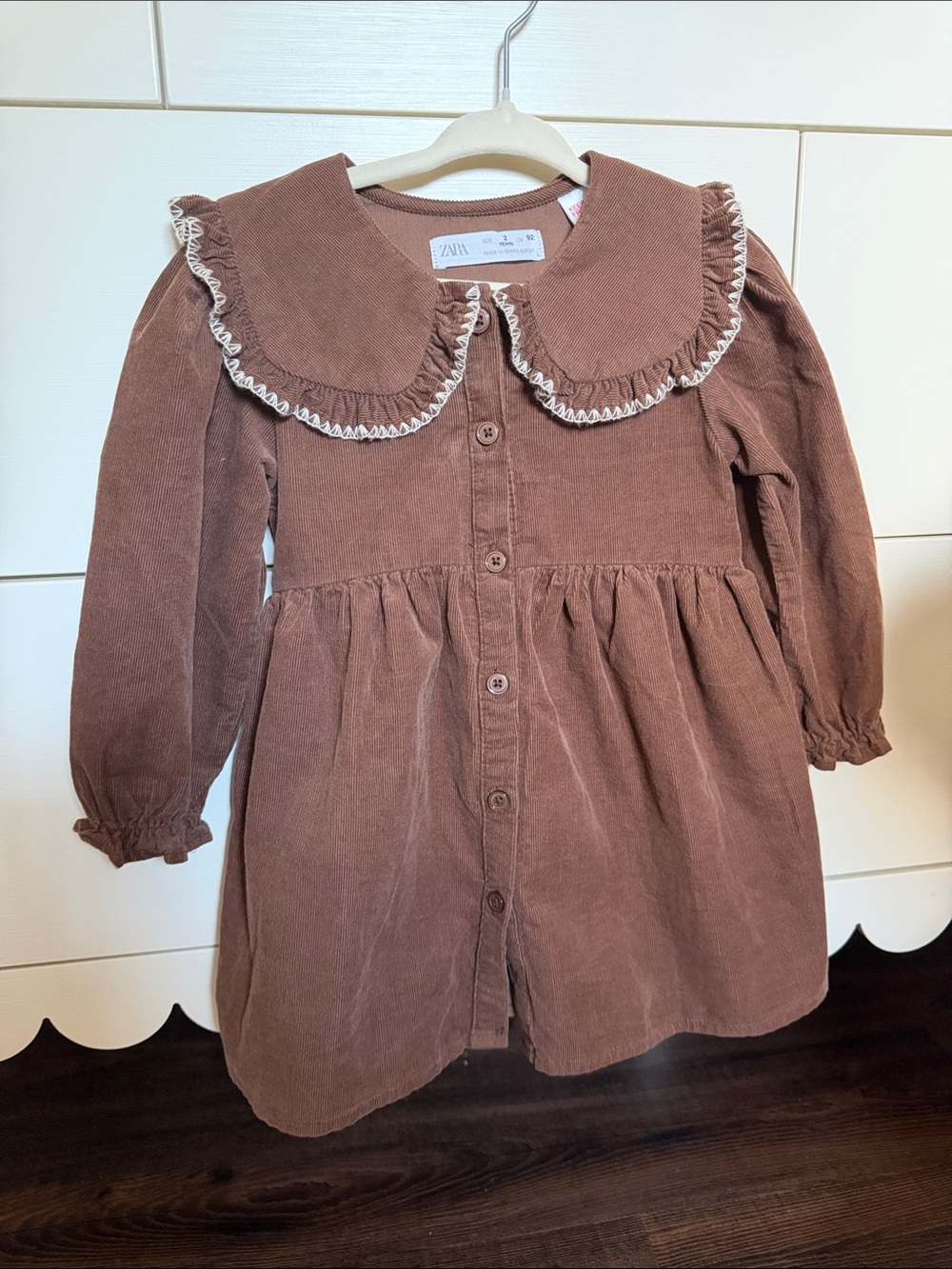 ZARA Girls Rust Brown Corduroy Button-Front Dress Top with Scalloped Collar